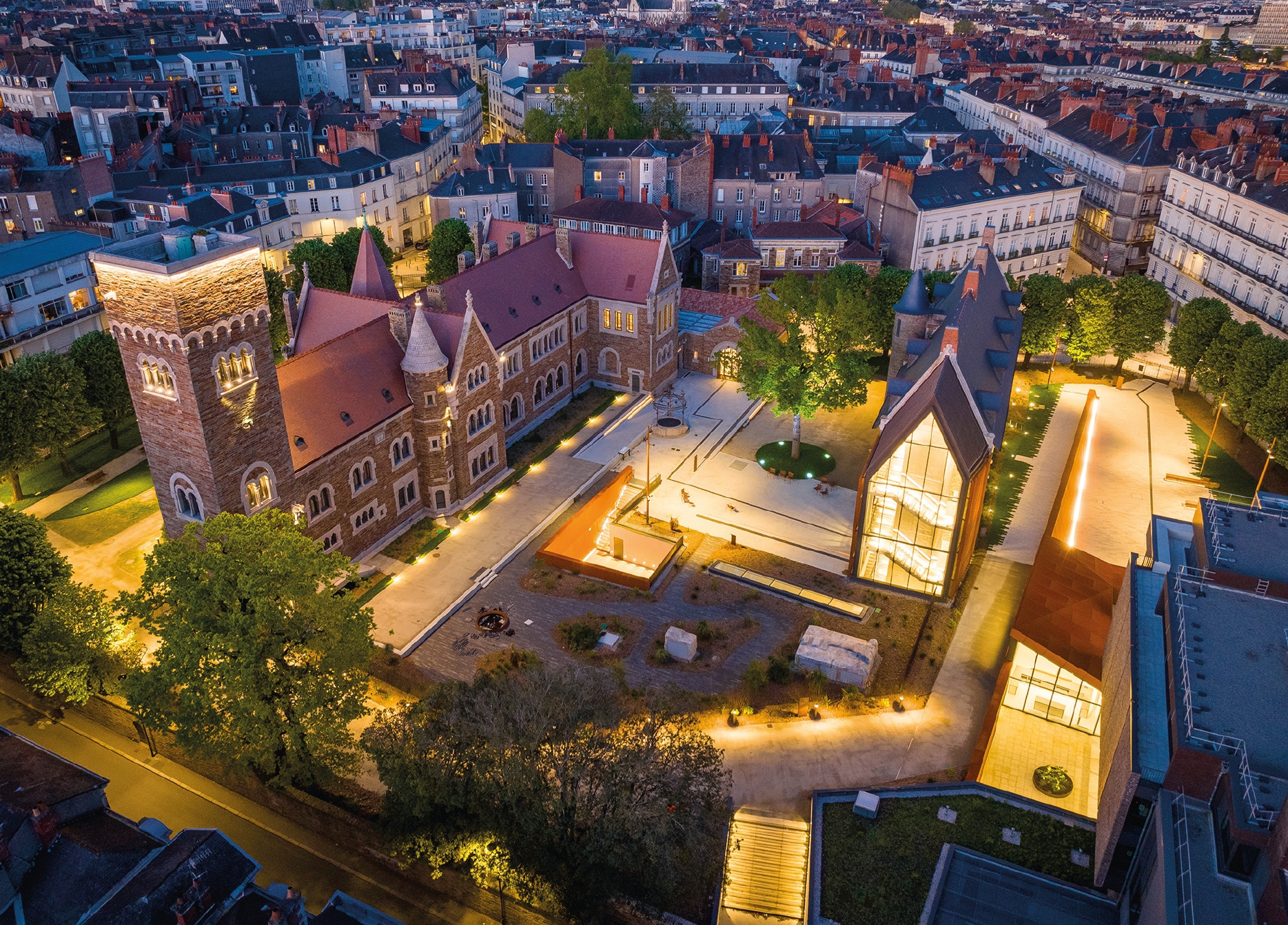 Aerial view of the Dobrée Museum in Nantes at nightfall.